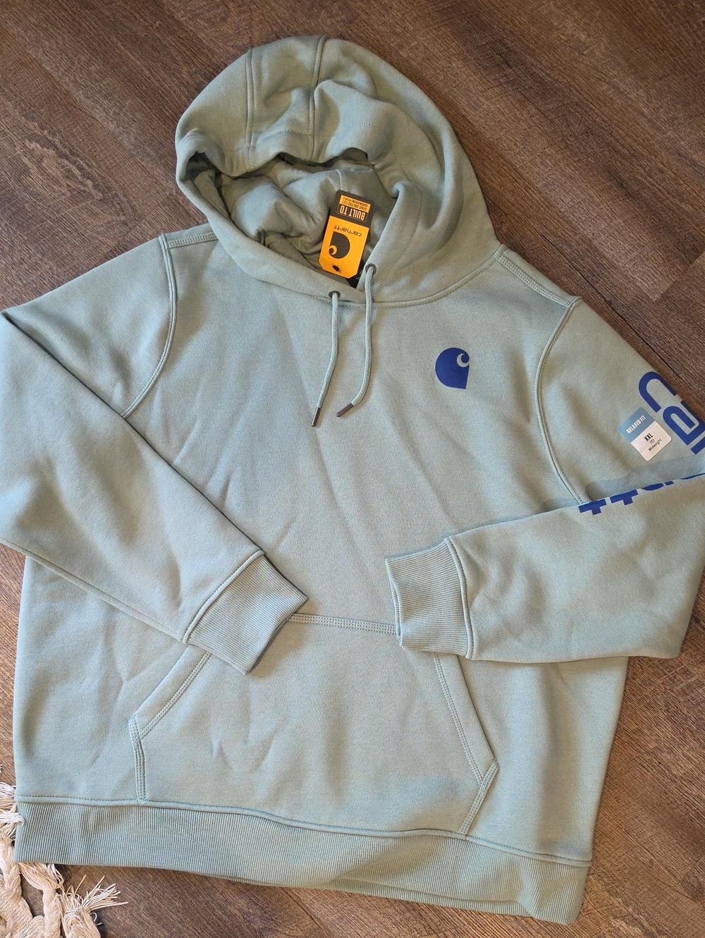 Carhartt Light Sage Green Pullover Hoodie with Blue Logo